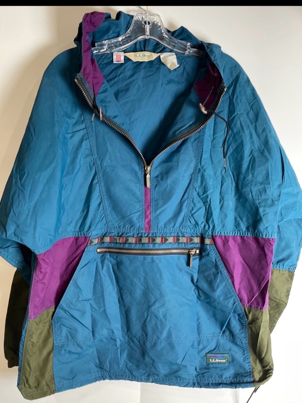 Vintage LL Bean Anorak Jacket Half Zip Sz L Camping Hiking Colorblock Green